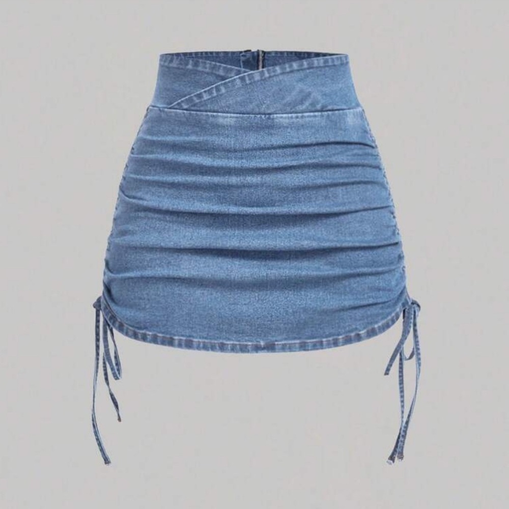 New Denim Ruched Drawstring Mini Skirt - Blue M
